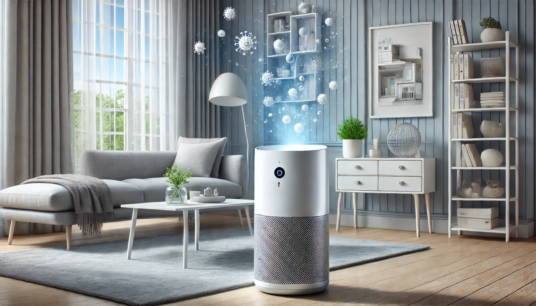 A modern air purifier placed in a home setting, actively purifying the air. The scene includes clean, fresh surroundings with a subtle representation of odor molecules being captured by the purifier. The design is sleek and fits well in a contemporary living room.