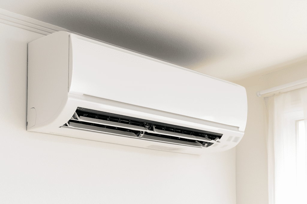 A modern wall-mounted air conditioning unit installed near the ceiling in a bright, clean room. The unit is white with visible vent slats, and soft natural light enters through a nearby curtain, highlighting the AC's sleek design.