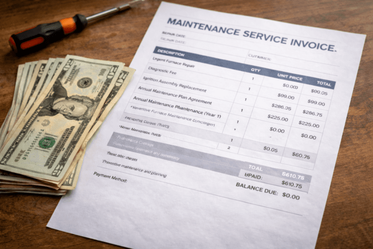 Image of an unexpected Maintenance Service Bill for HVAC repairs.