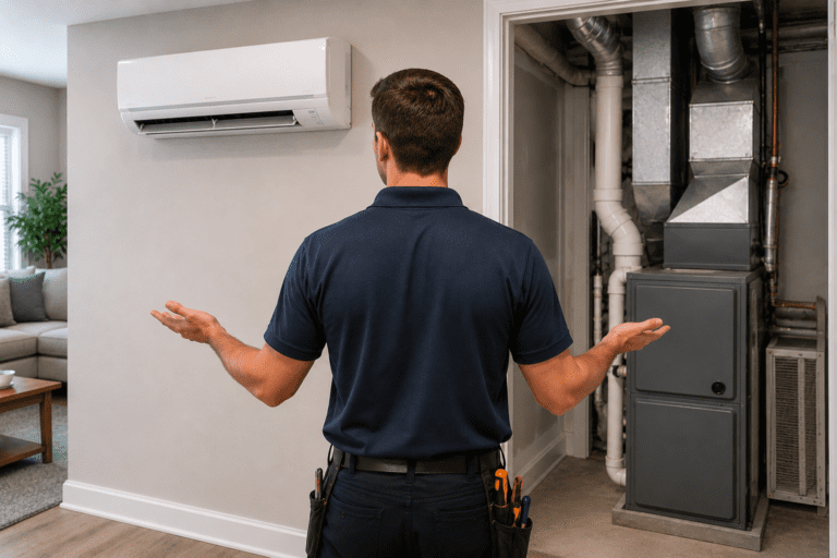 Technician comparing ductless mini-split HVAC and central air conditioning systems inside a residential property.