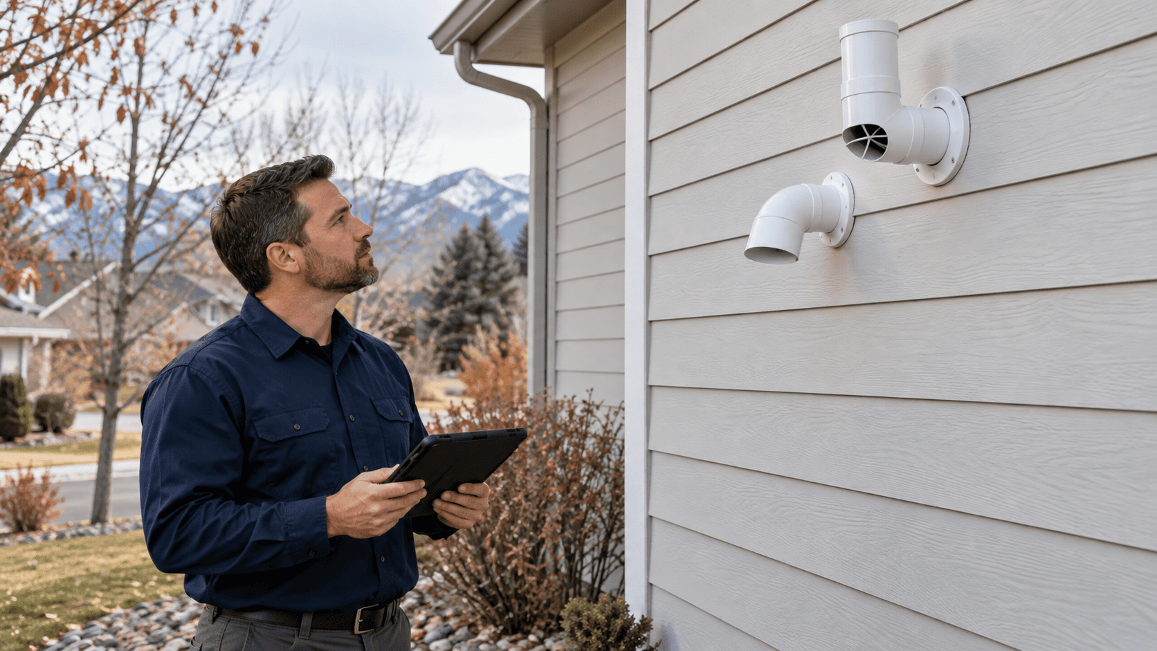 HVAC technician examines outdoor furnace intake and exhaust terminations at a Denver-area home
