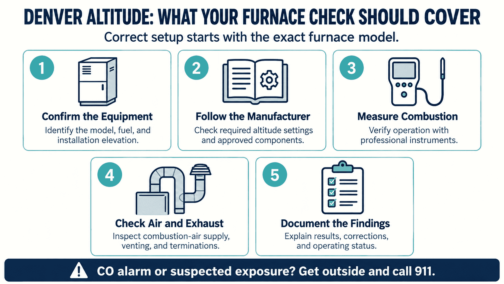 Five checks for a Denver furnace: equipment identification, manufacturer requirements, combustion testing, air and exhaust, and documented findings