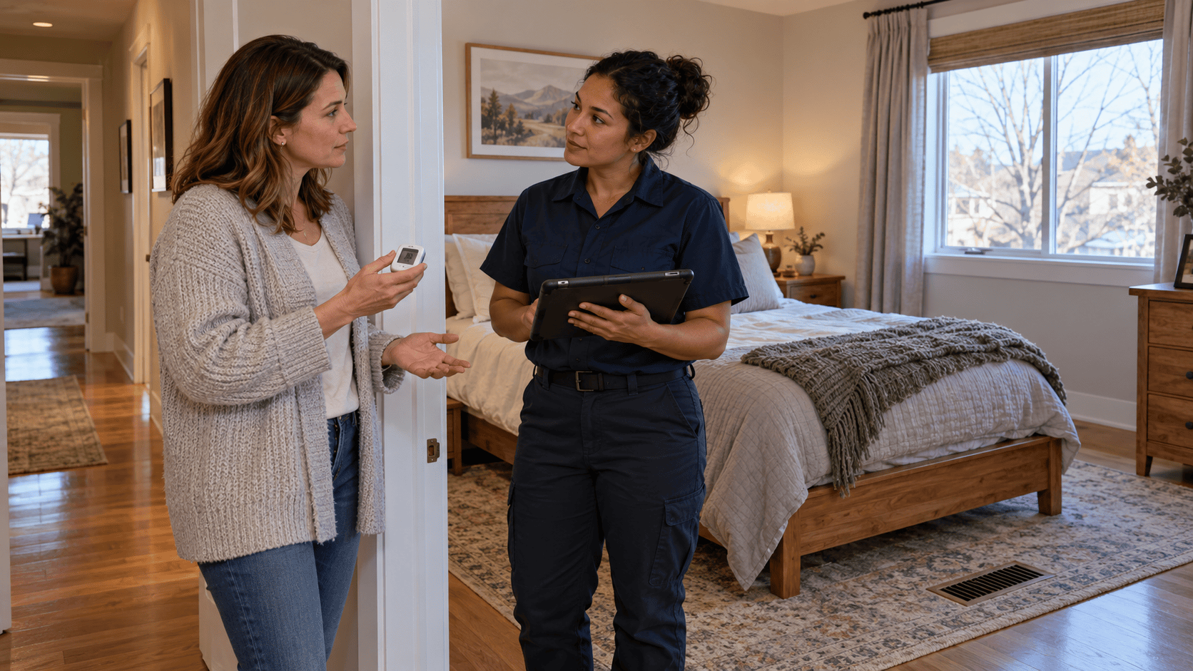 Homeowner and technician reviewing results of a reading